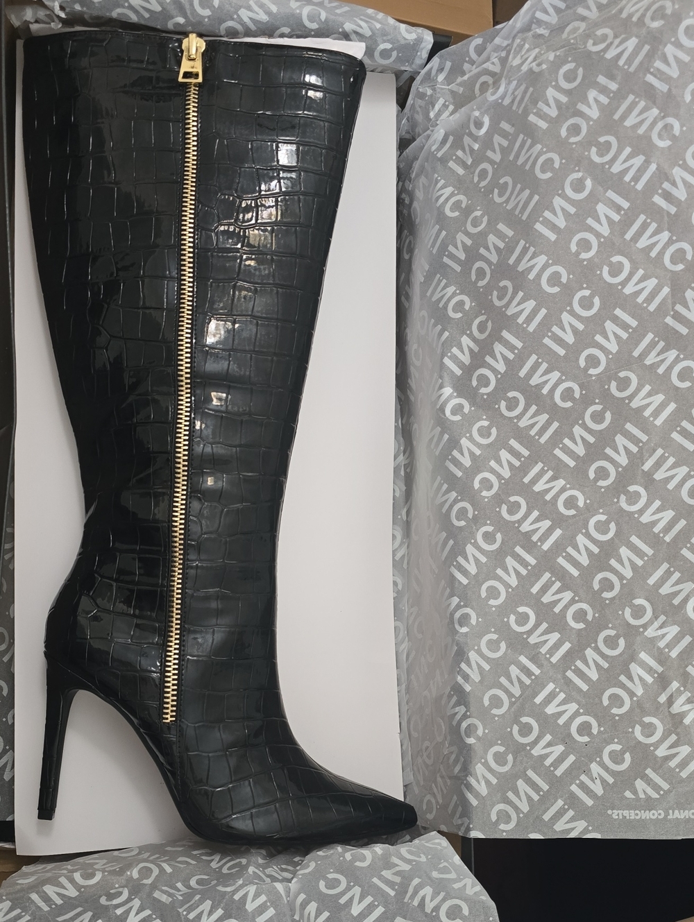 INC International Concepts Sabrinaa Wide-Calf Zip Knee High Boots Black Croc